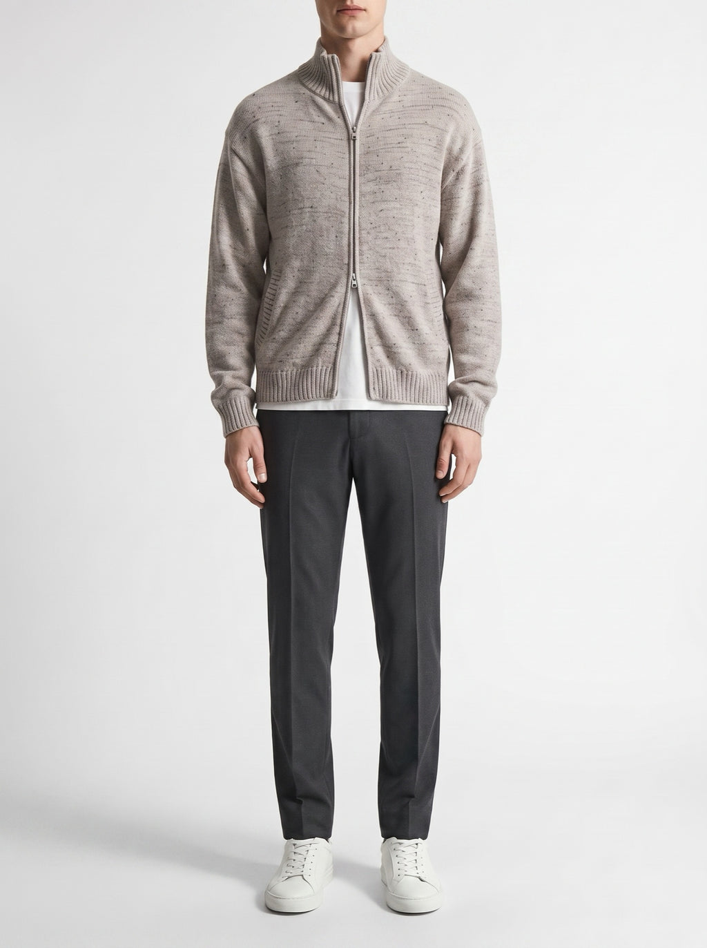 Zip-Up Cardigan with Stand Collar and Polka Dot Pattern — front view