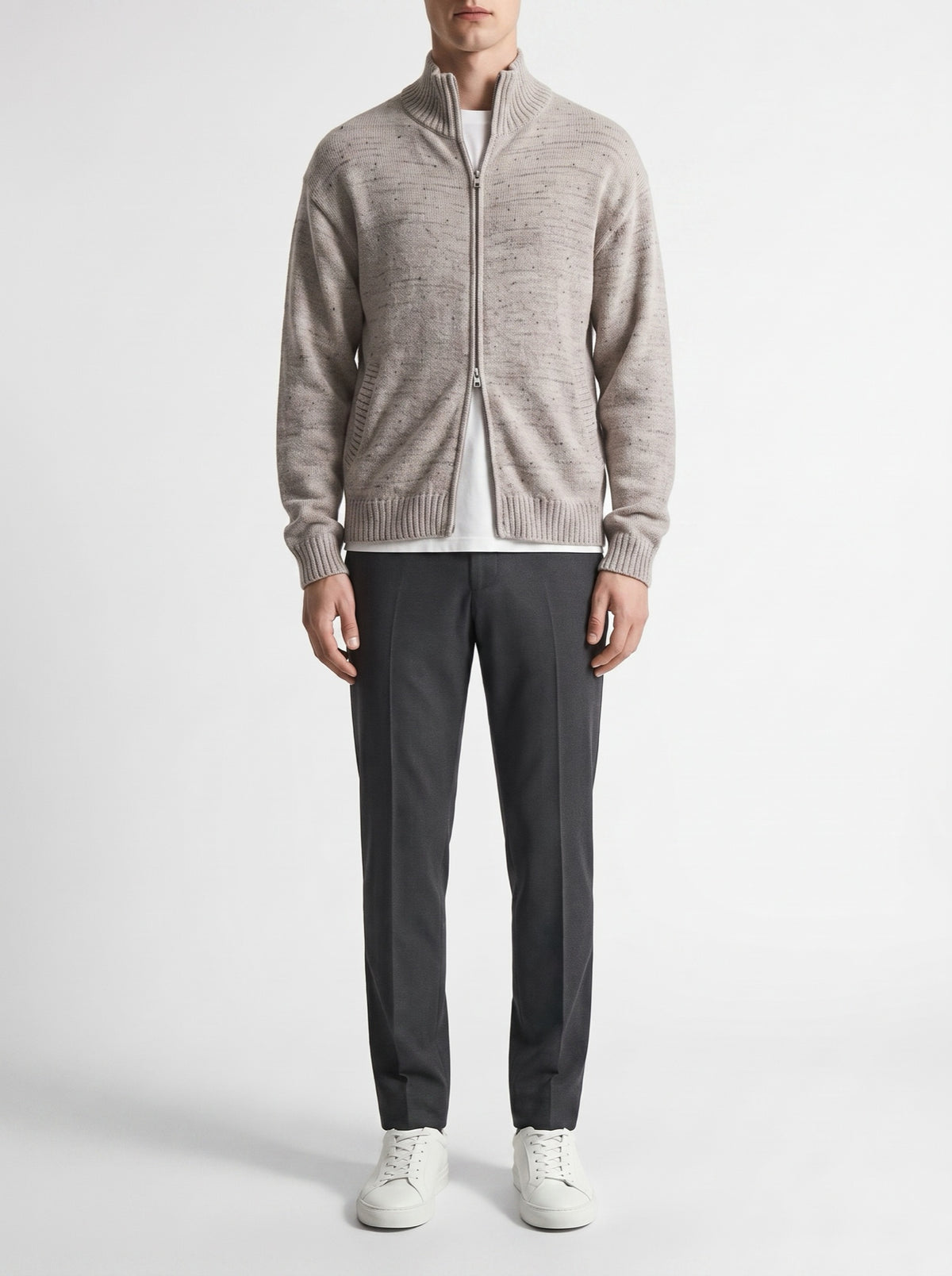 Zip-Up Cardigan with Stand Collar and Polka Dot Pattern — front view