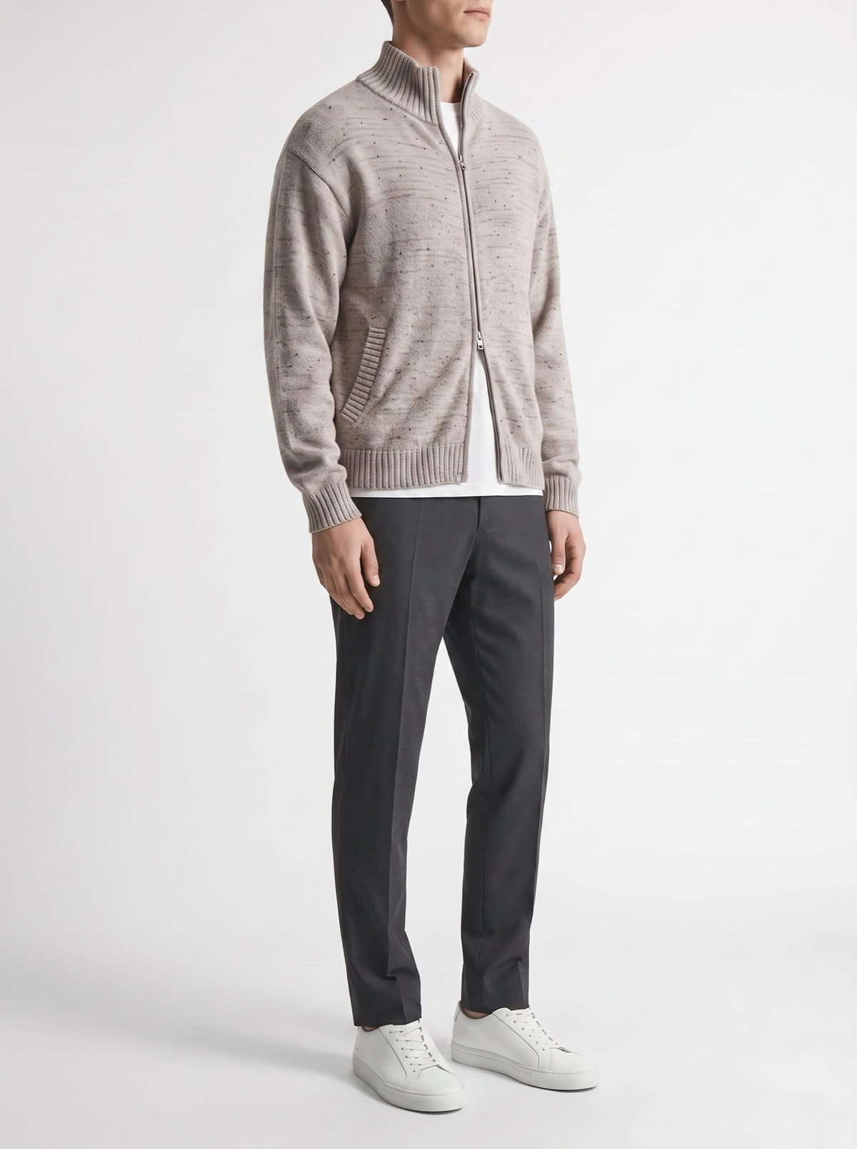 Zip-Up Cardigan with Stand Collar and Polka Dot Pattern — three-quarter view