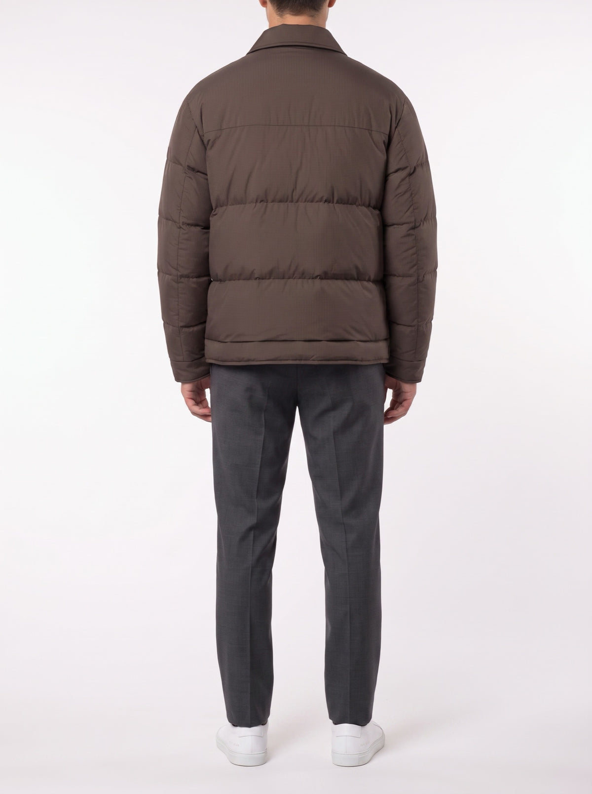 Winter Plaid Luxury Jacquard Down Jacket — Dark Brown — back view