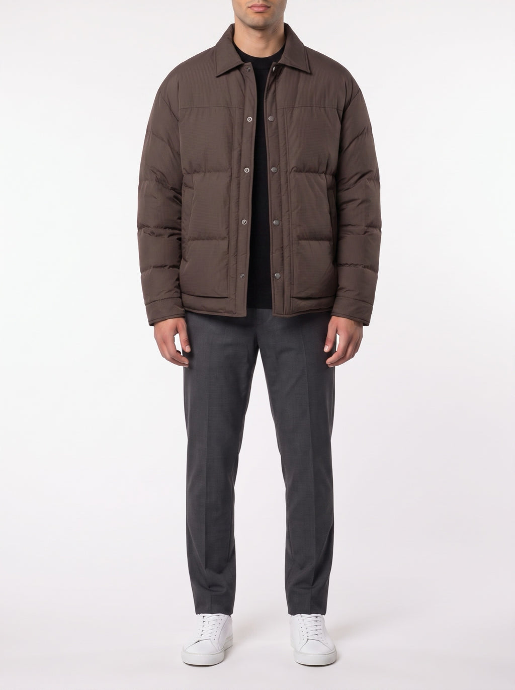 Winter Plaid Luxury Jacquard Down Jacket — Dark Brown — front view