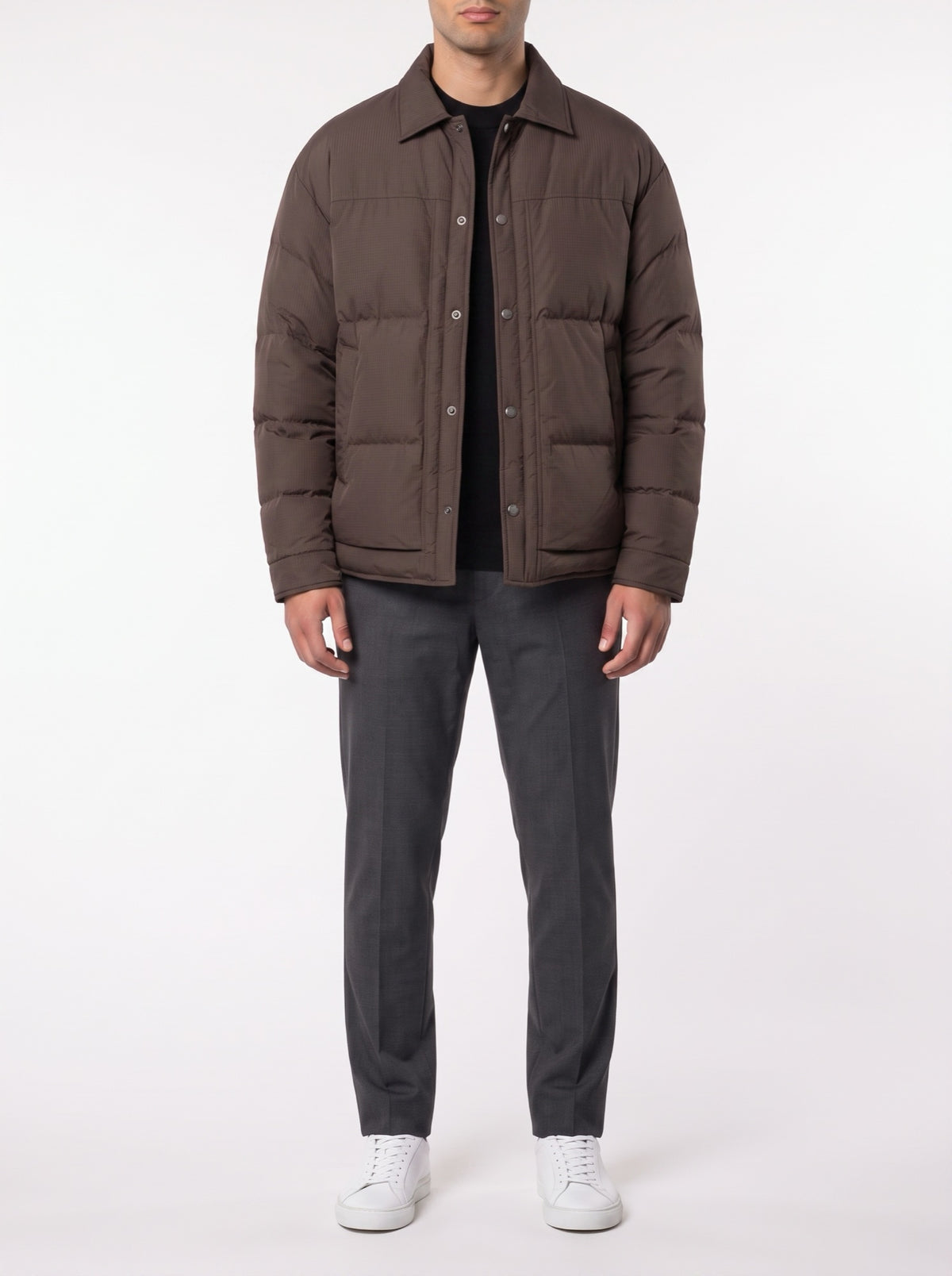 Winter Plaid Luxury Jacquard Down Jacket — Dark Brown — front view