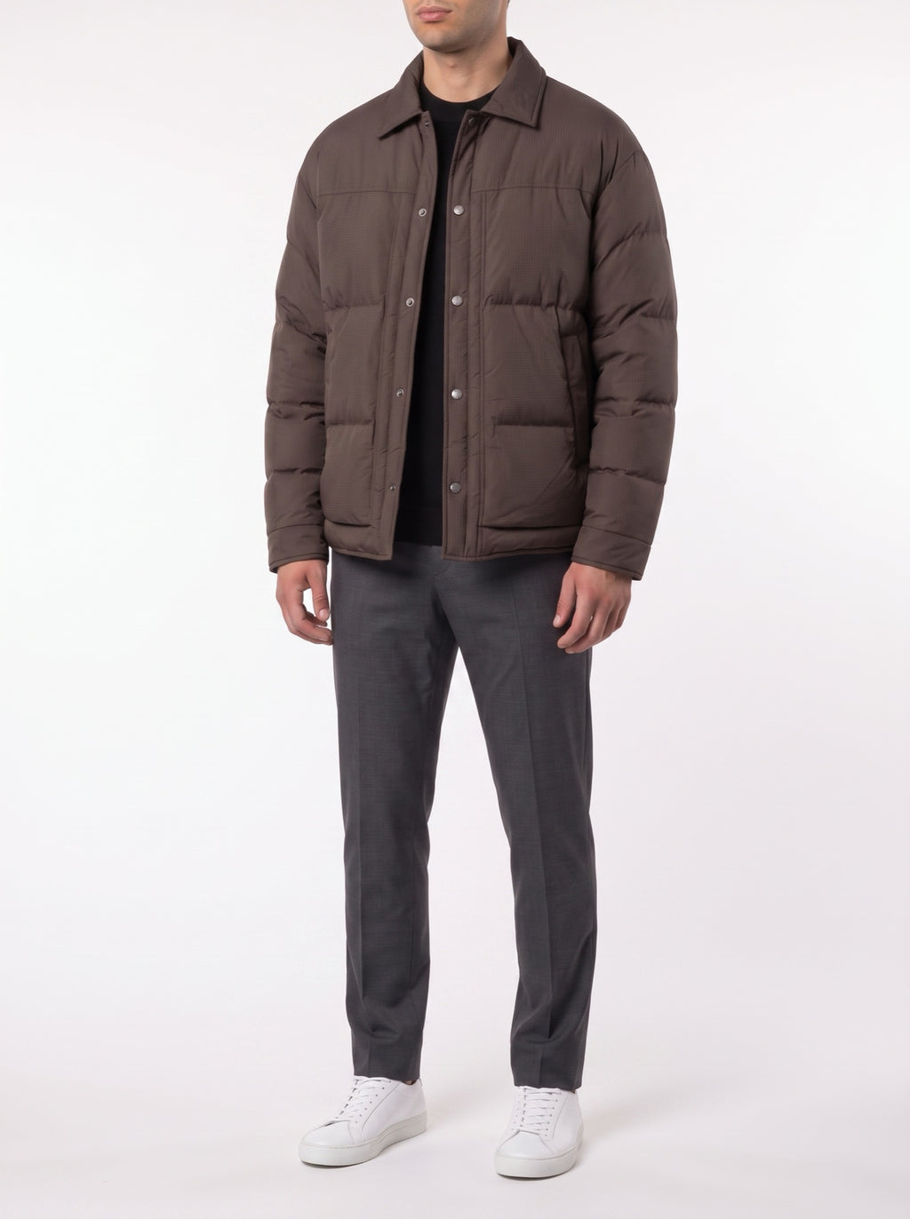 Winter Plaid Luxury Jacquard Down Jacket — Dark Brown — three-quarter view