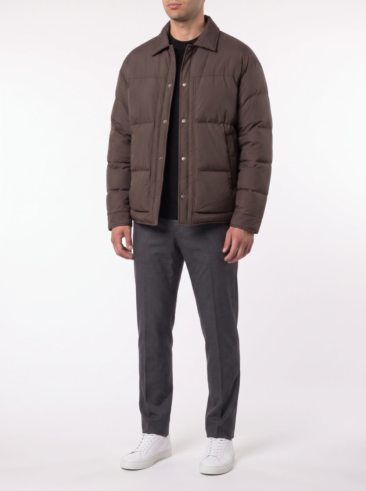 Winter Plaid Luxury Jacquard Down Jacket — Dark Brown — three-quarter view