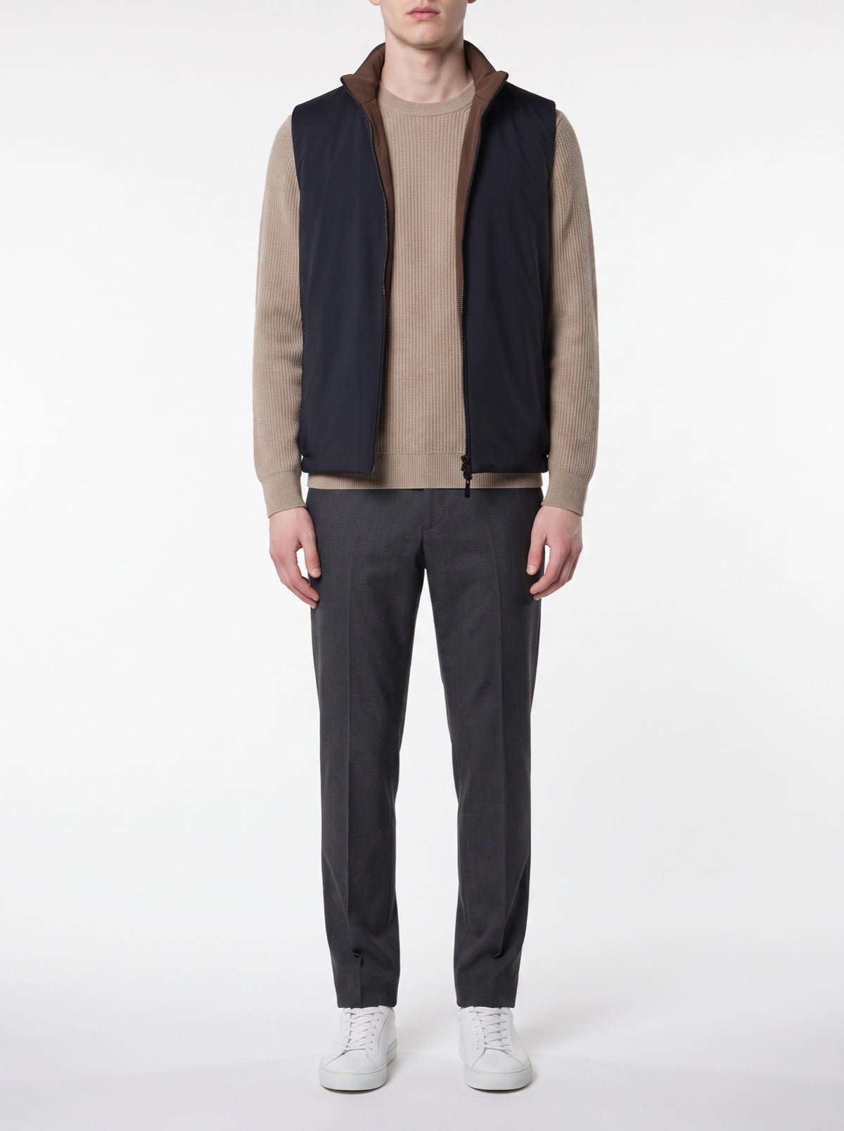 Reversible Vest – Navy/Brown — front view