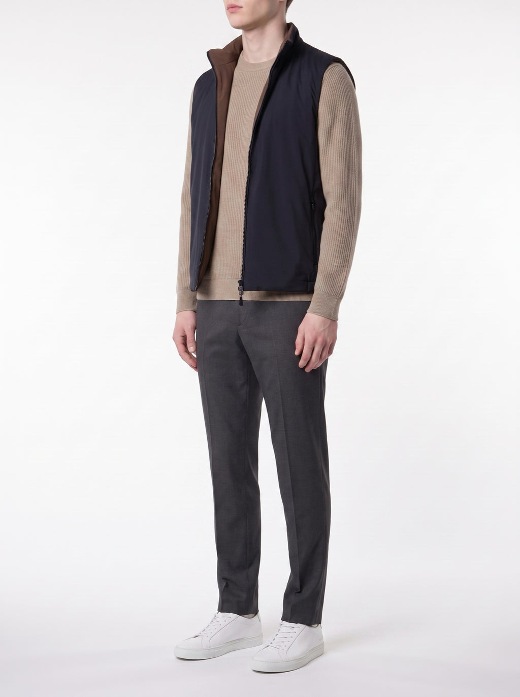 Reversible Vest – Navy/Brown — three-quarter view