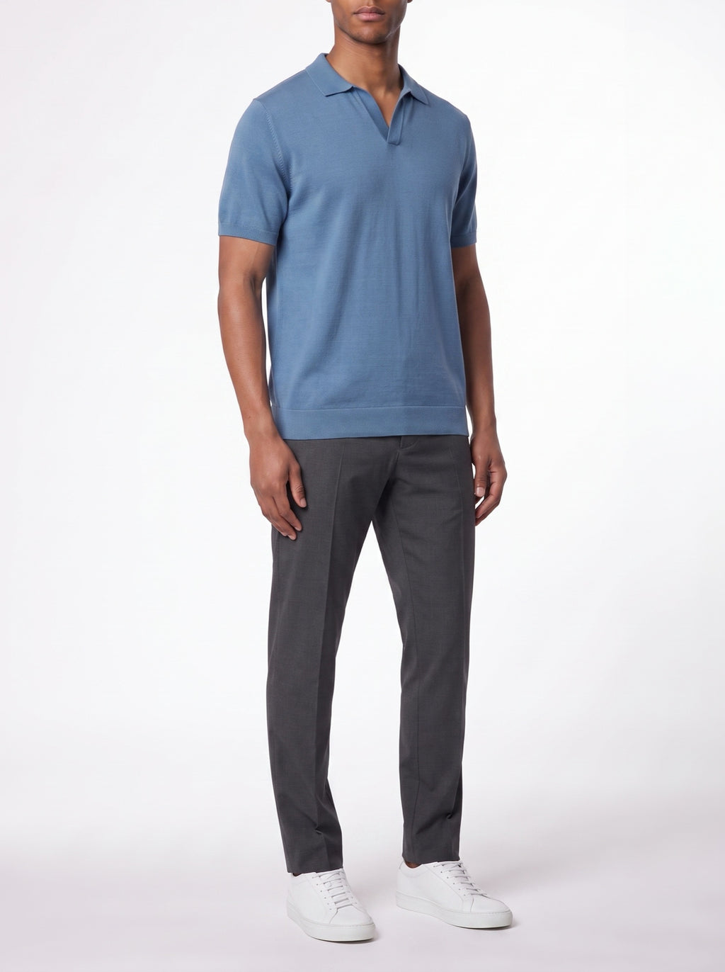 Dusty Blue Open Polo Shirt — three-quarter view