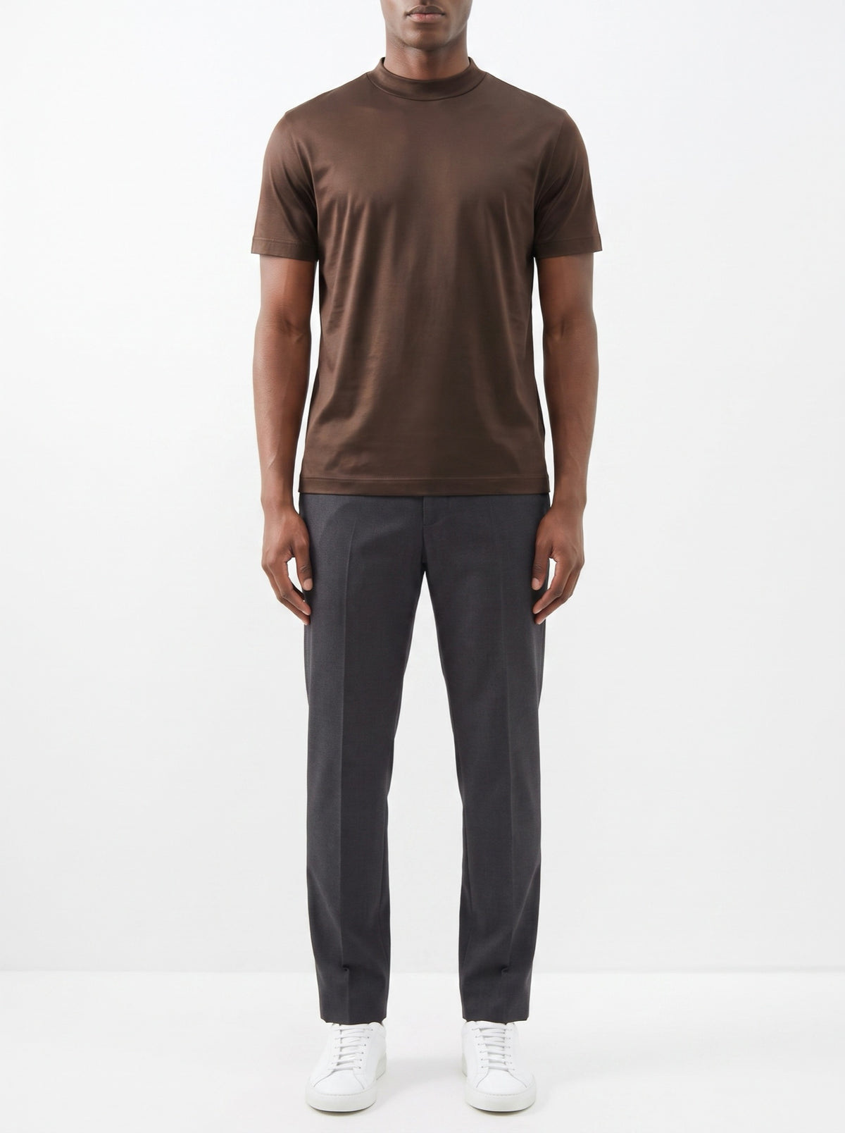 Shiny Crewneck T-Shirt — Brown — front view