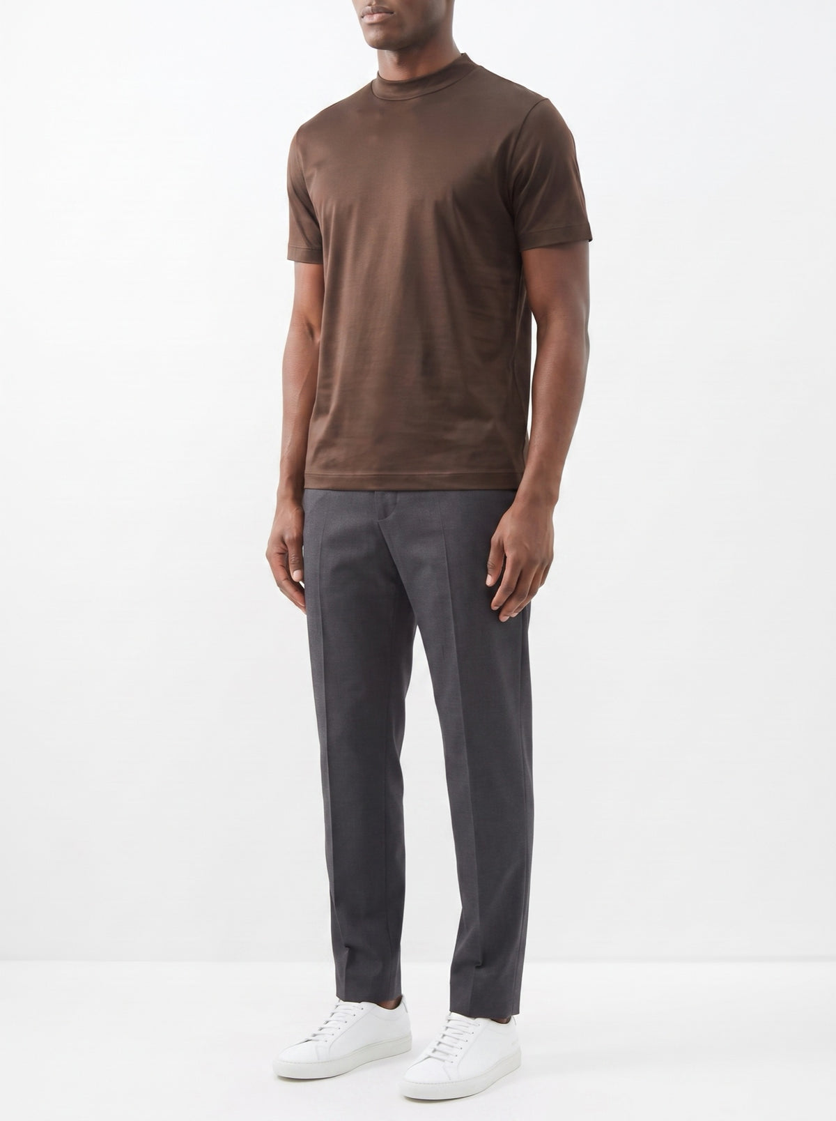 Shiny Crewneck T-Shirt — Brown — three-quarter view