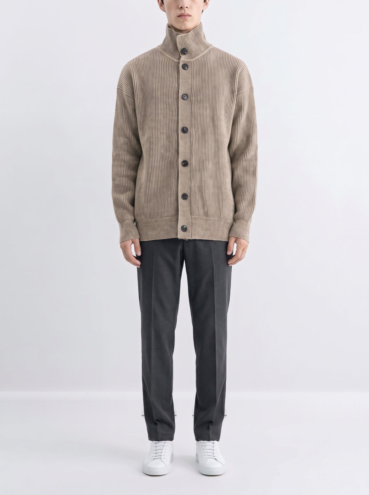Rib-knit high-neck cardigan with buttons — Beige