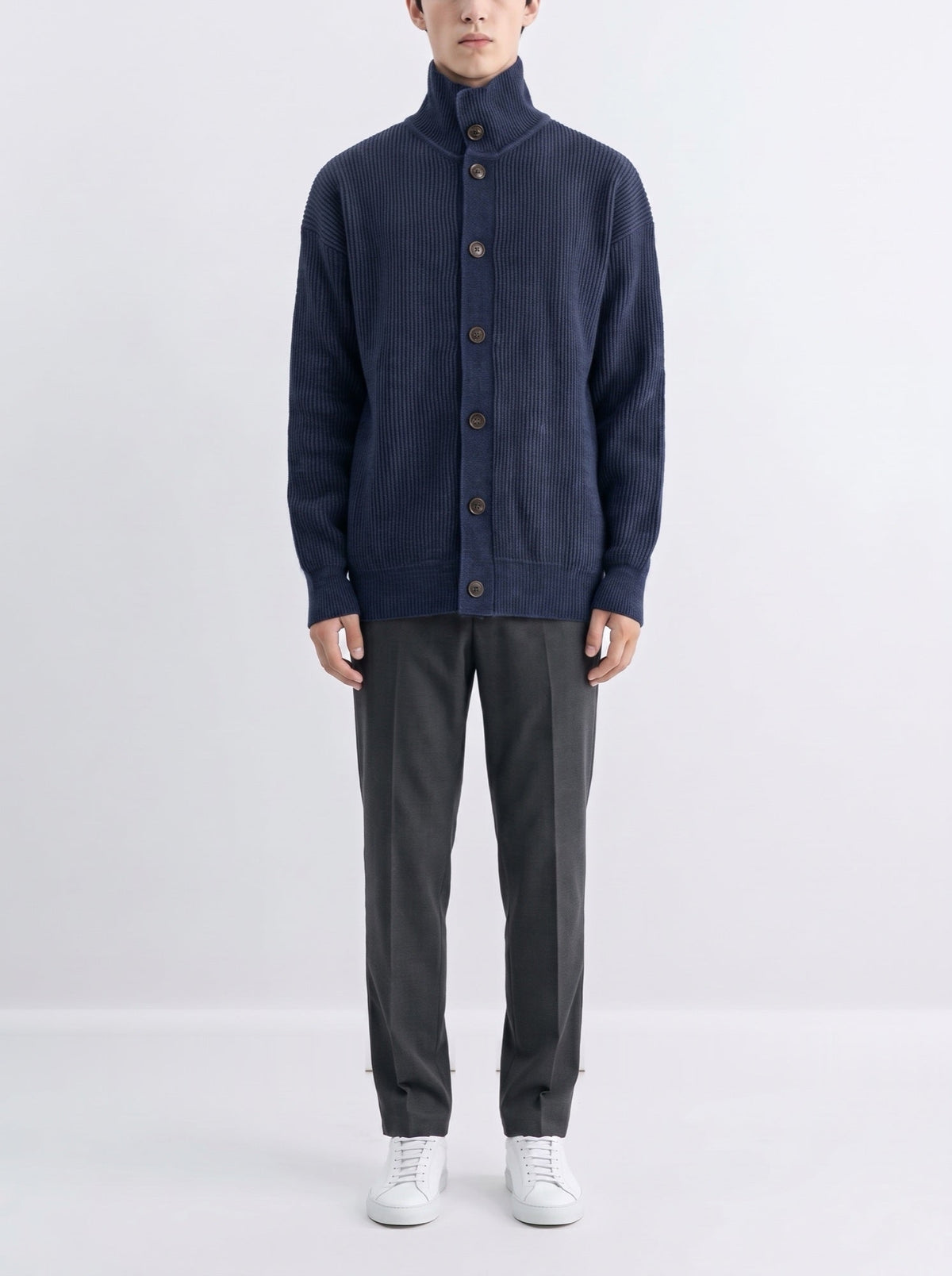 Rib-knit high-neck cardigan with buttons — Navy