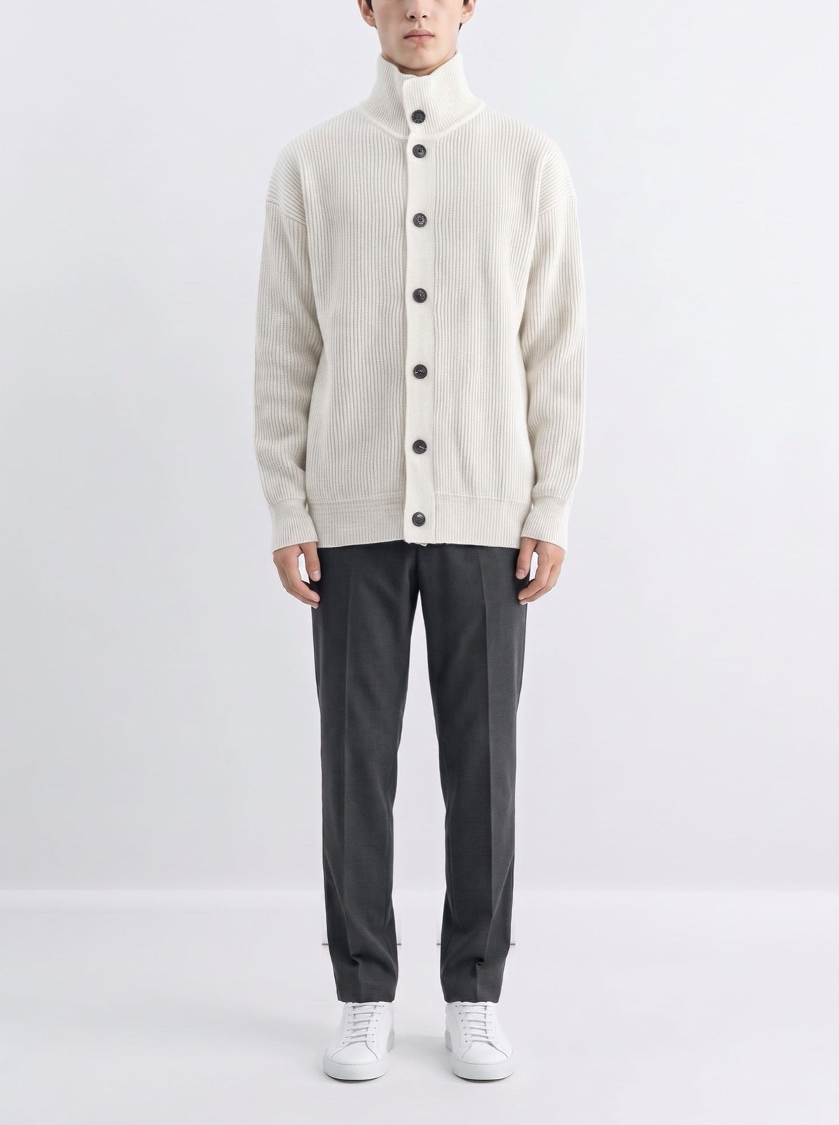 Rib-knit high-neck cardigan with buttons — White