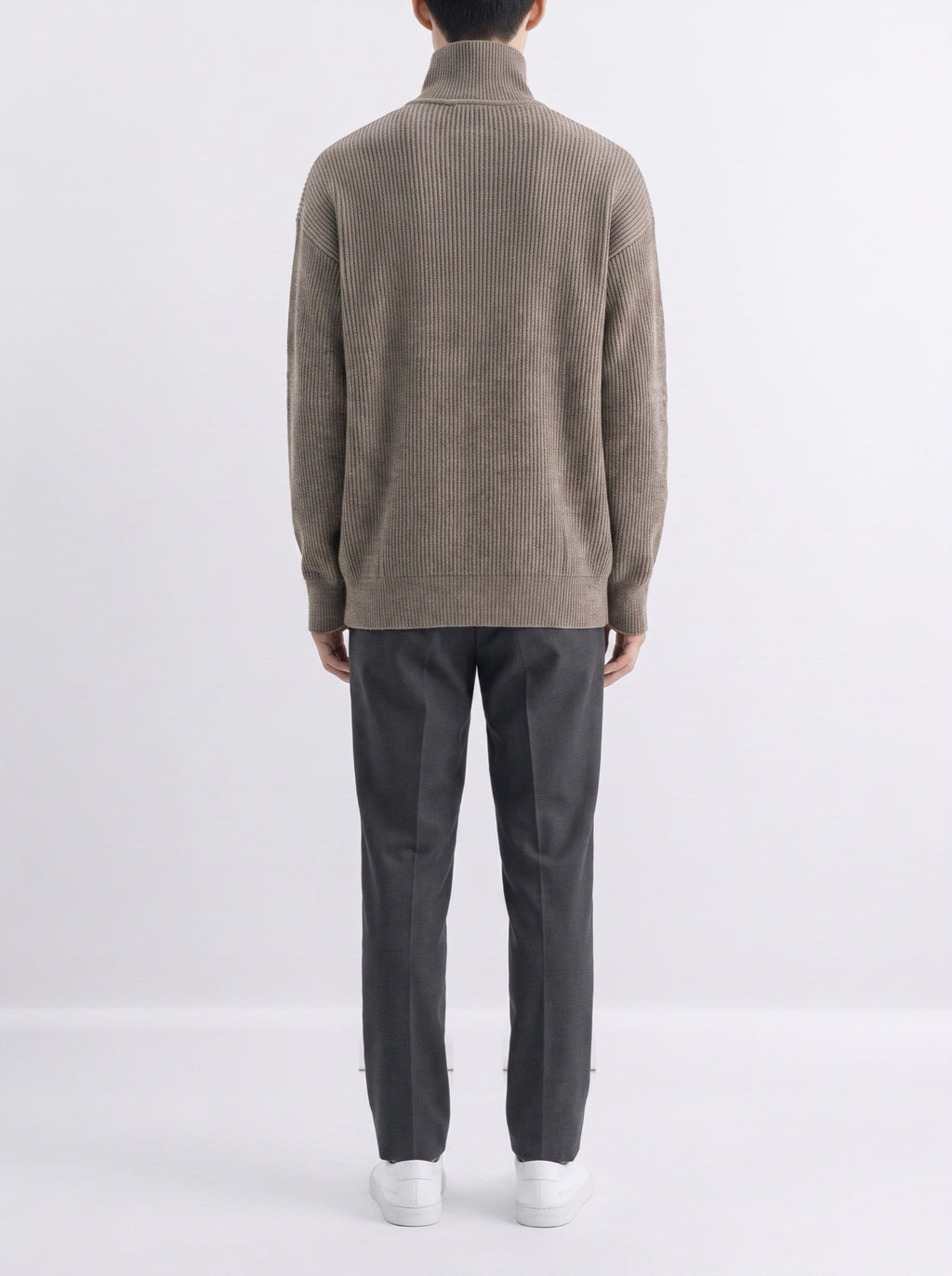 Rib-knit high-neck cardigan with buttons — Brown — back view