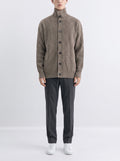 Rib-knit high-neck cardigan with buttons — Brown — front view