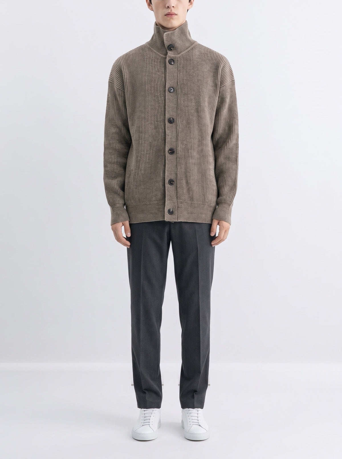 Rib-knit high-neck cardigan with buttons — Brown — front view