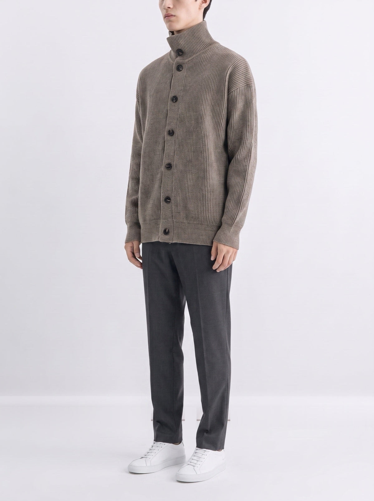 Rib-knit high-neck cardigan with buttons — Brown — three-quarter view