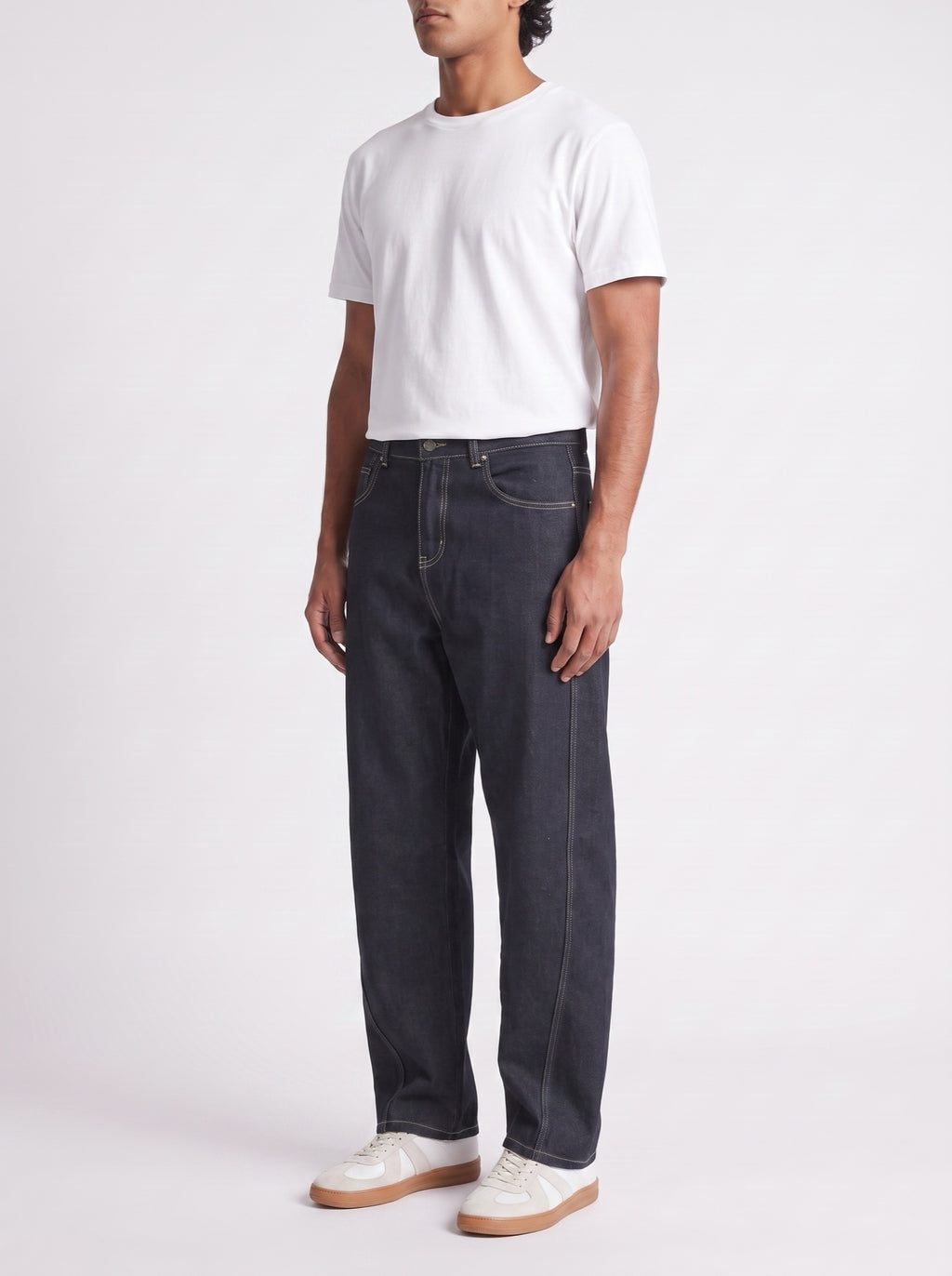 Raw Indigo Straight Jeans — three-quarter view