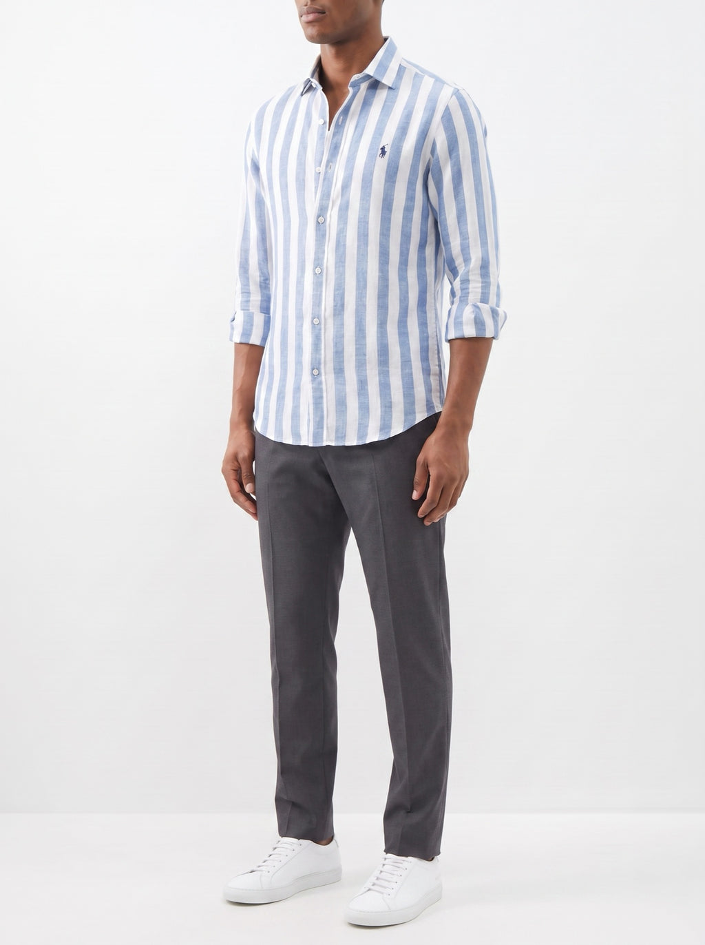 Premium Striped Casual Shirt — Sky Blue — three-quarter view