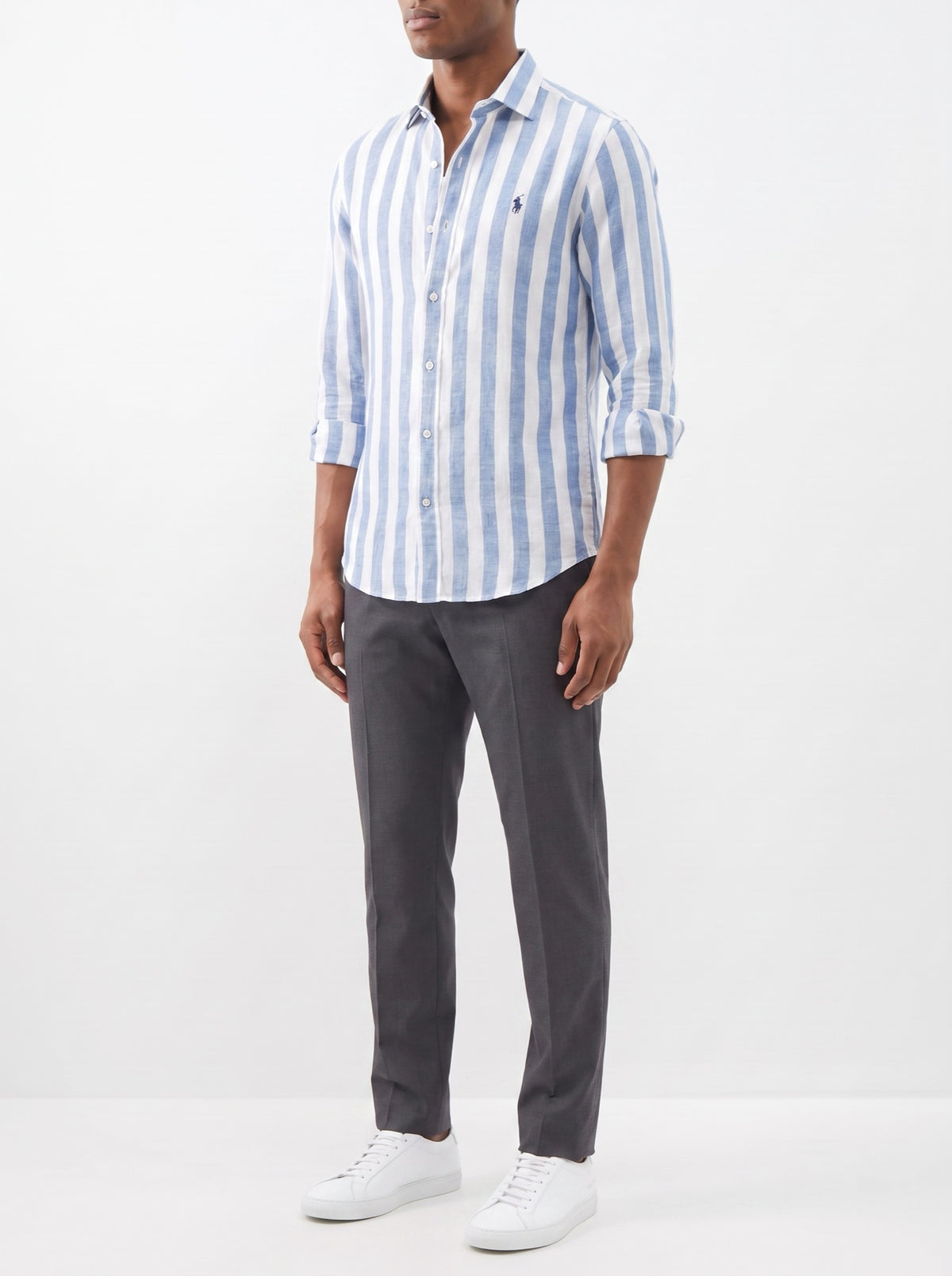 Premium Striped Casual Shirt — Sky Blue — three-quarter view