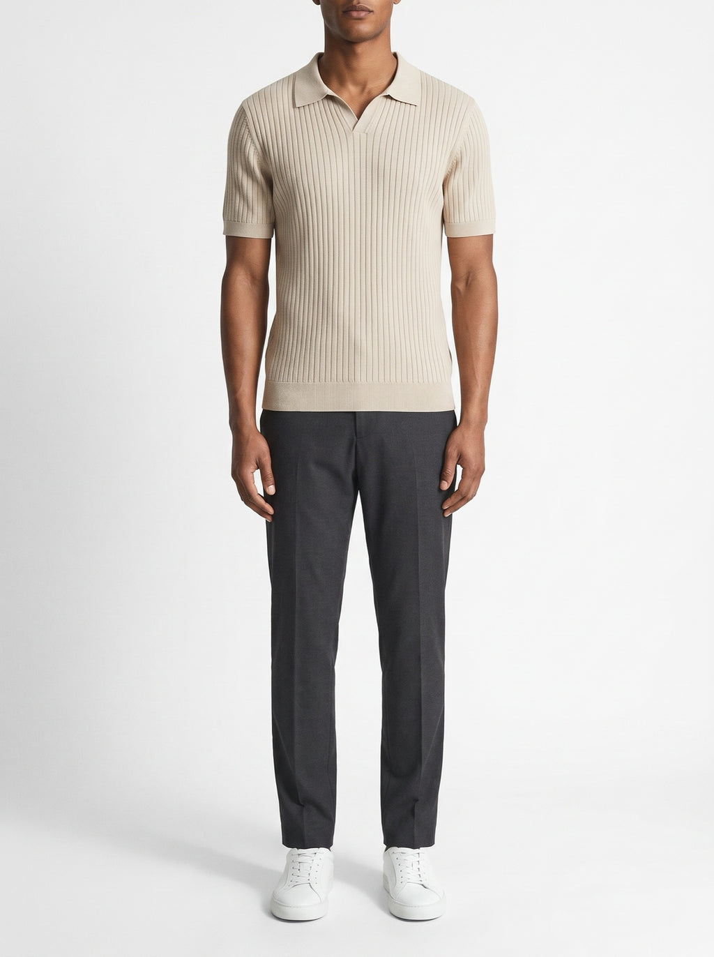 Premium Ribbed Polo Shirt — Beige — front view