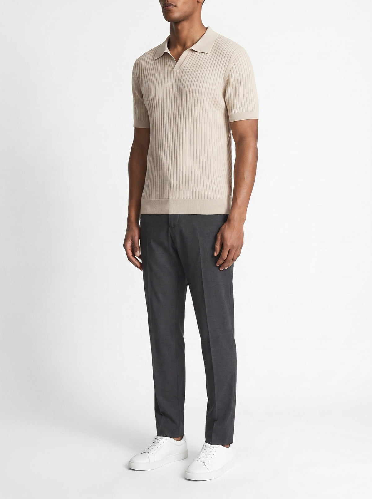Premium Ribbed Polo Shirt — Beige — three-quarter view