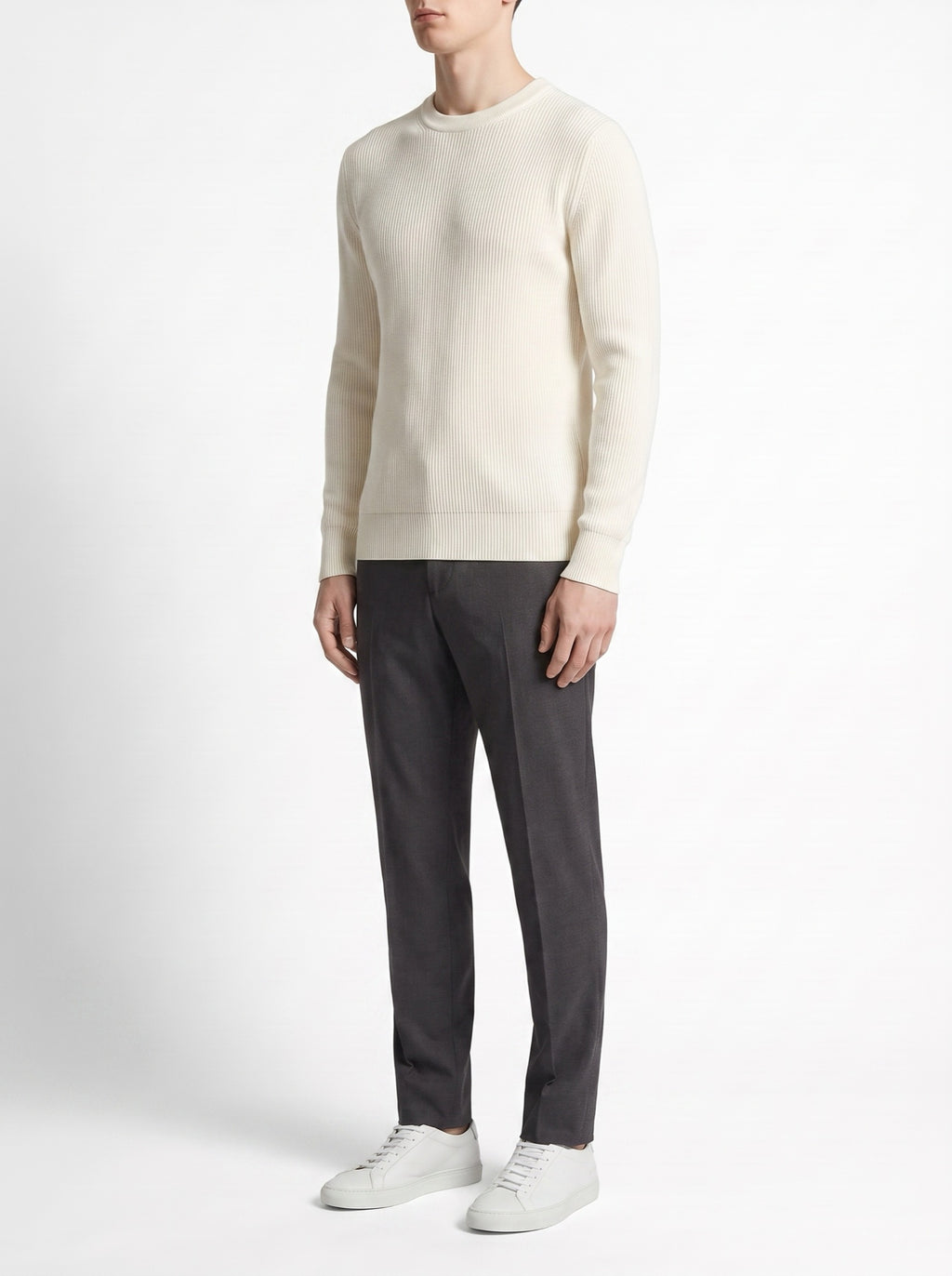 Off-White Crewneck Malfilé English Ribbed Sweater — three-quarter view
