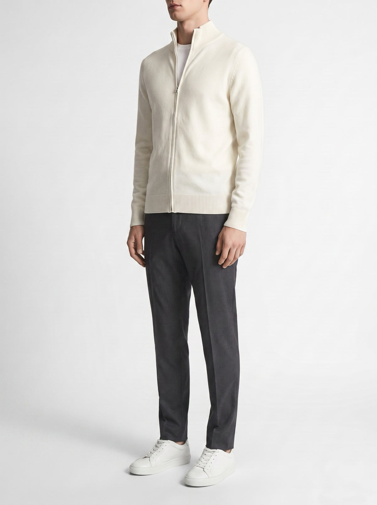 Off-white classic zip cardigan — three-quarter view