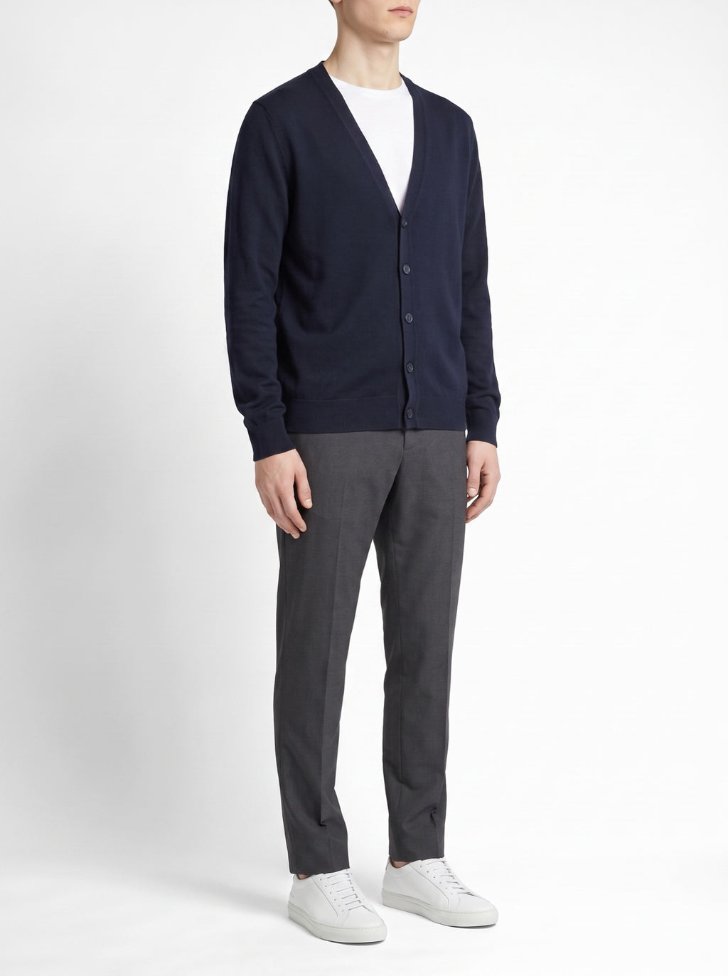 Mo Maike Essential V-Neck Knitted Cardigan — Navy — three-quarter view