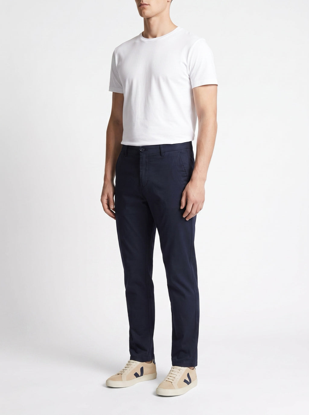 Navy Blue Straight Fit Chinos — three-quarter view