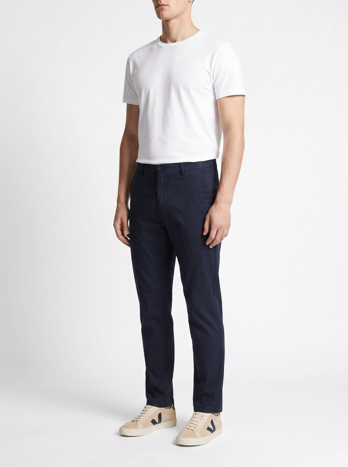 Navy Blue Straight Fit Chinos — three-quarter view