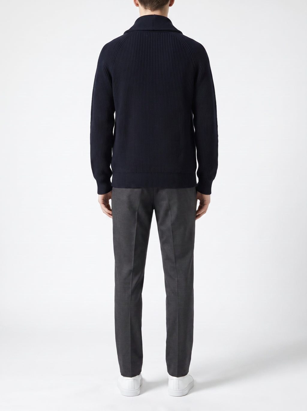 Navy Rib-Knit Cardigan with Shawl Collar — back view