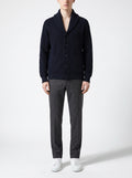 Navy Rib-Knit Cardigan with Shawl Collar — front view