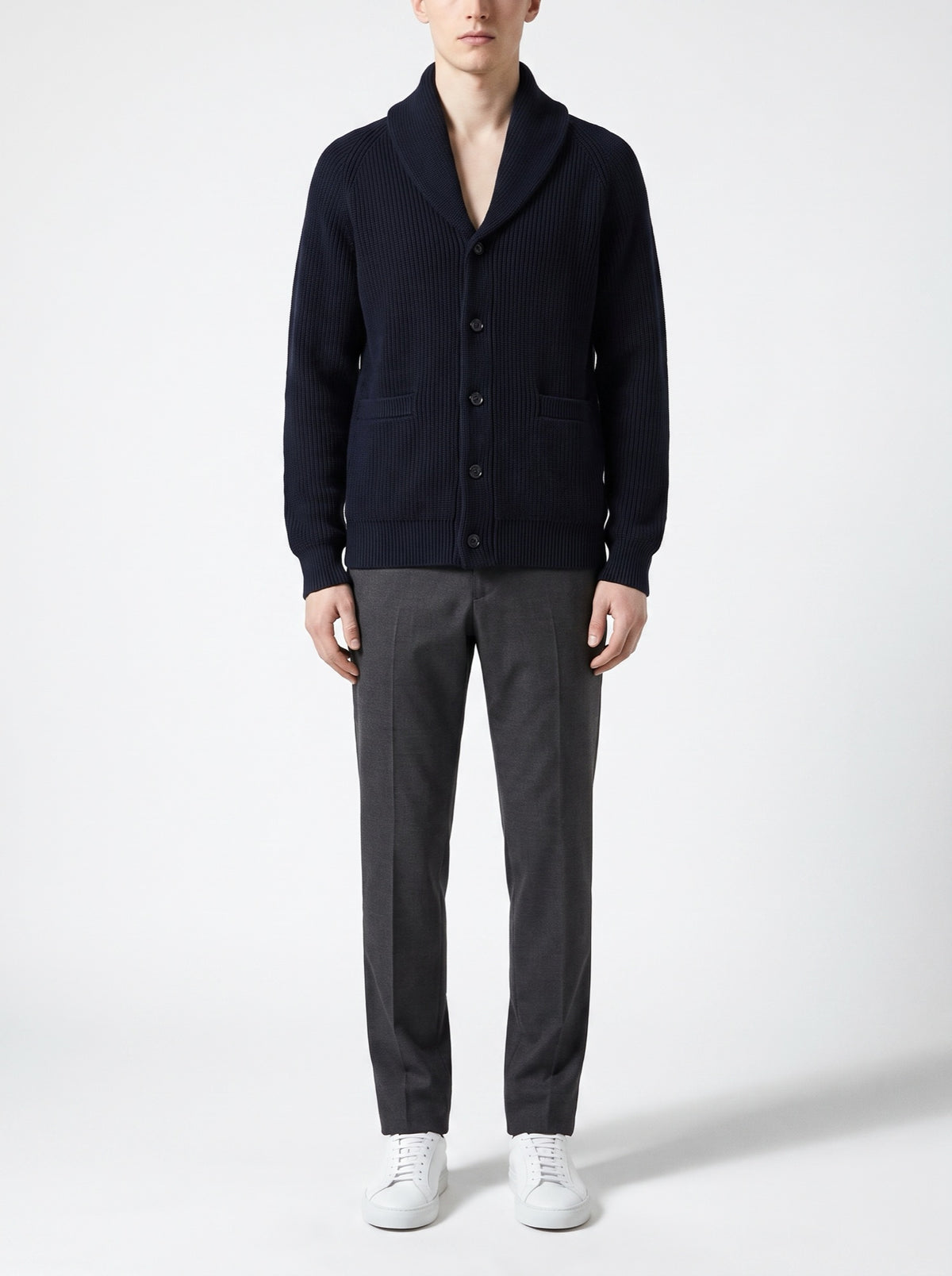 Navy Rib-Knit Cardigan with Shawl Collar — front view