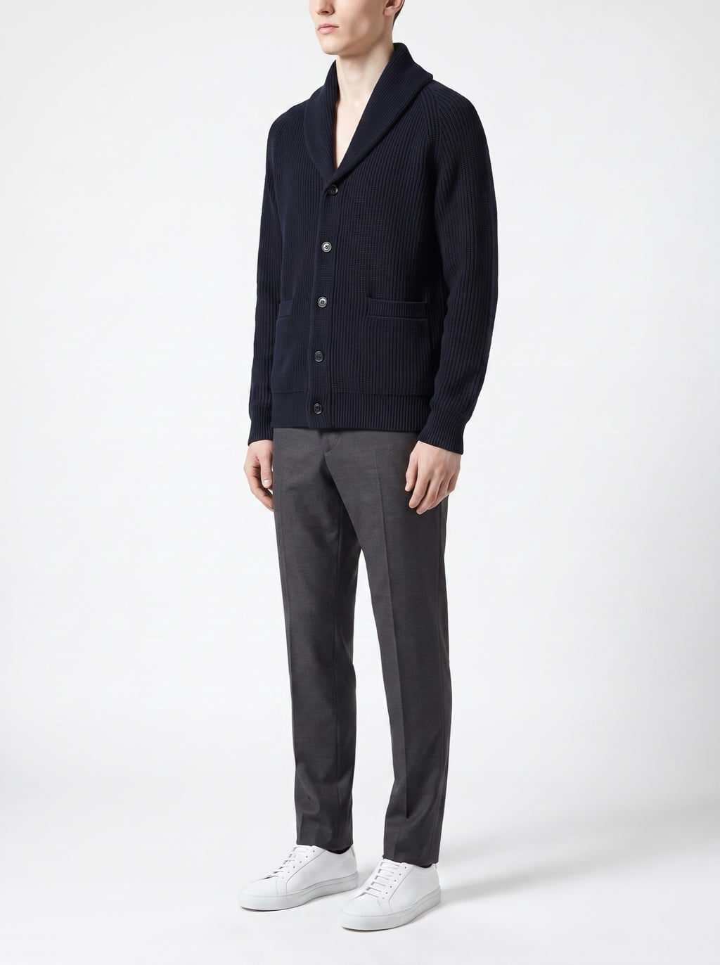 Navy Rib-Knit Cardigan with Shawl Collar — three-quarter view