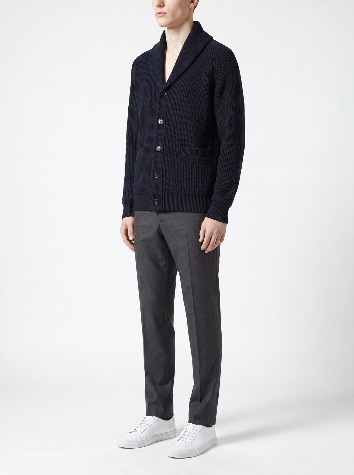 Navy Rib-Knit Cardigan with Shawl Collar — three-quarter view