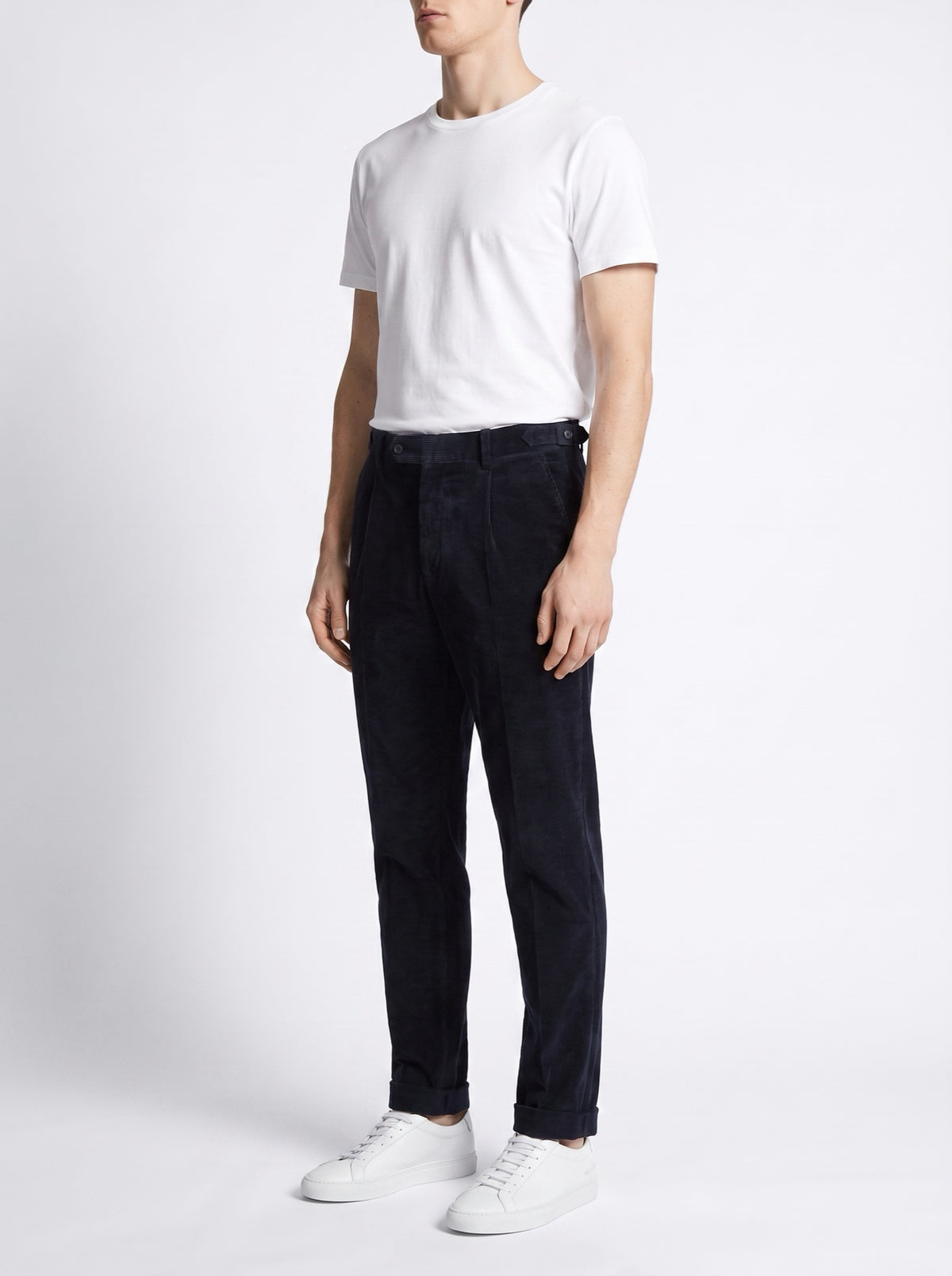 Navy Blue Corduroy Pants with Straight Fit — three-quarter view