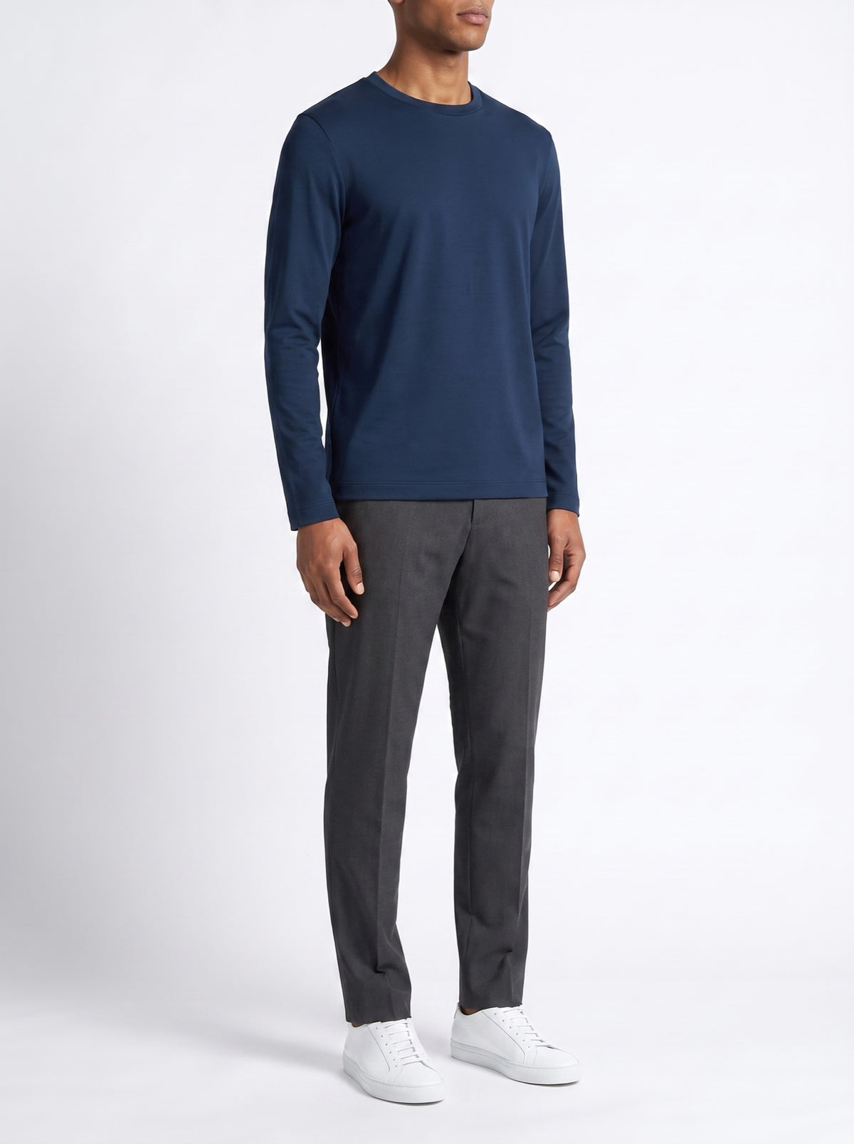 Luxury Long-Sleeve T-Shirt – Navy — three-quarter view