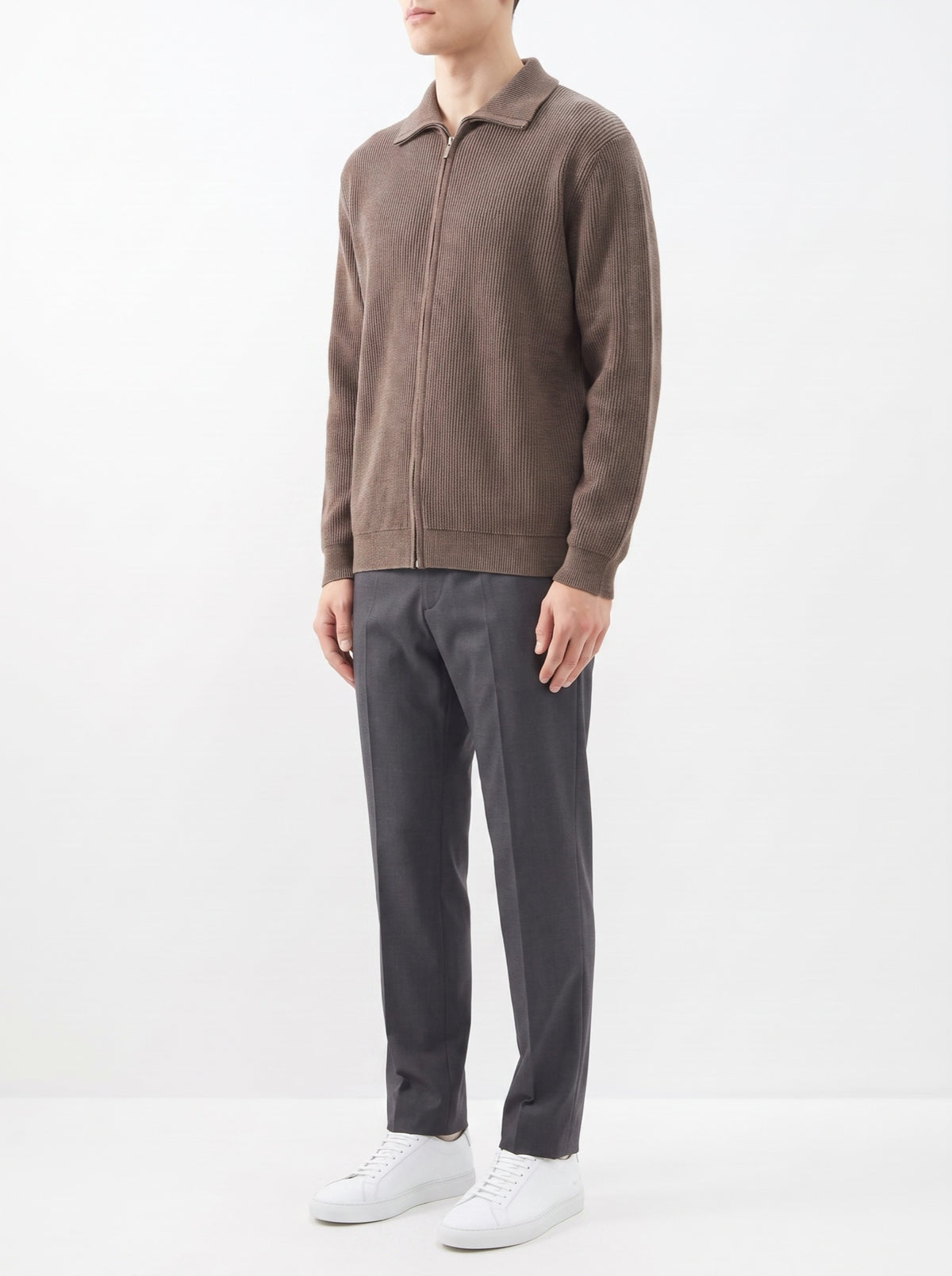 Langston Hooded Knit Cardigan — Brown — three-quarter view