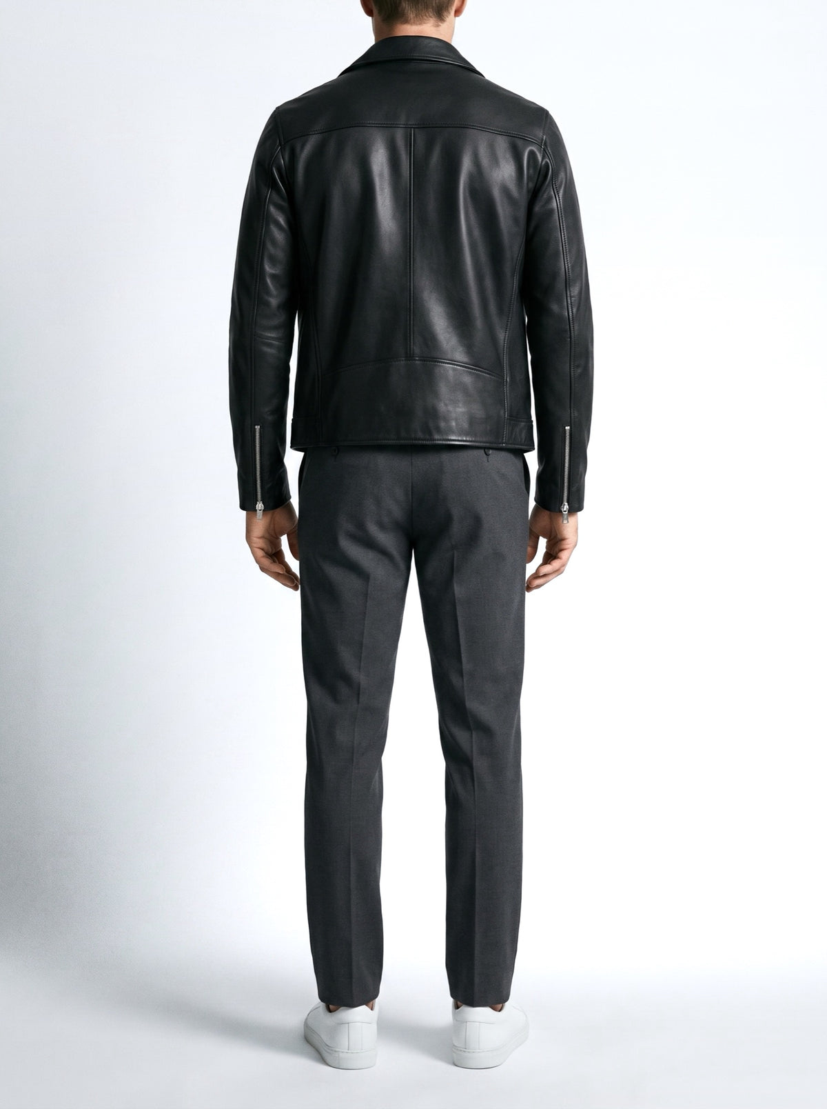 Classic Black Leather Zip Jacket — back view