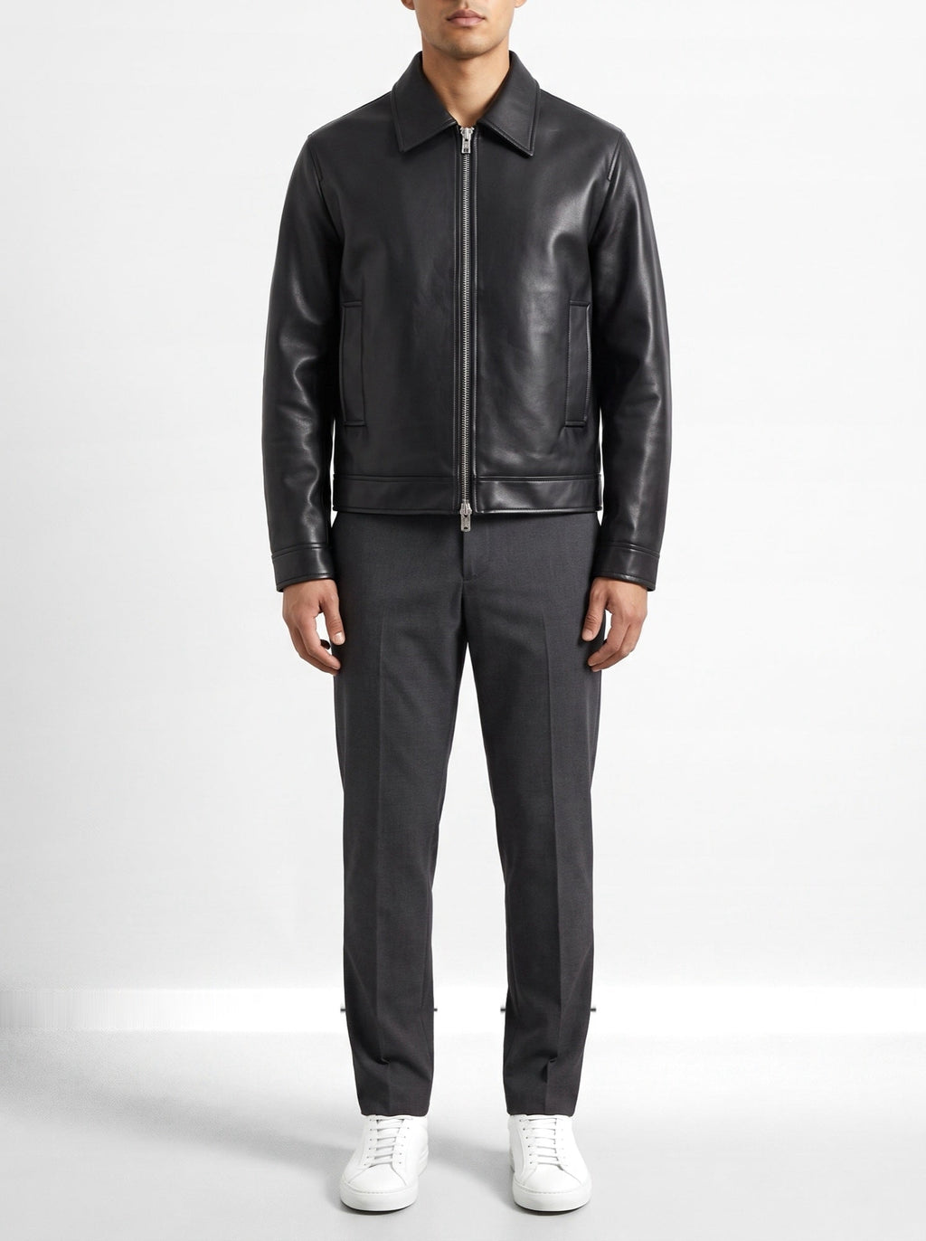 Classic Black Leather Zip Jacket — front view