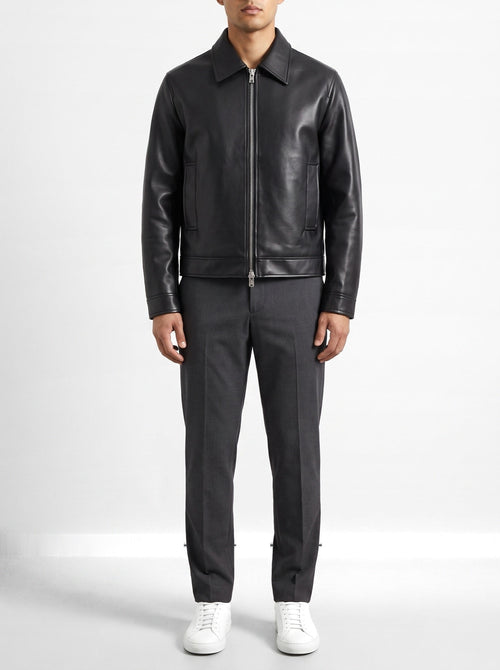 Classic Black Leather Zip Jacket — front view