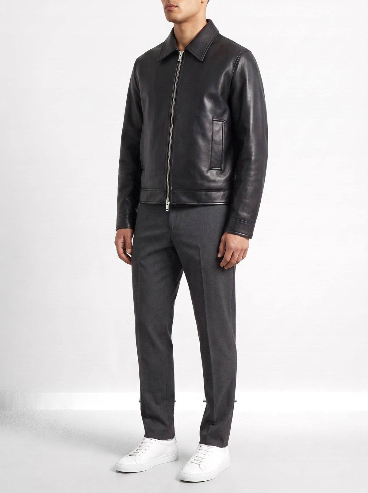 Classic Black Leather Zip Jacket — three-quarter view