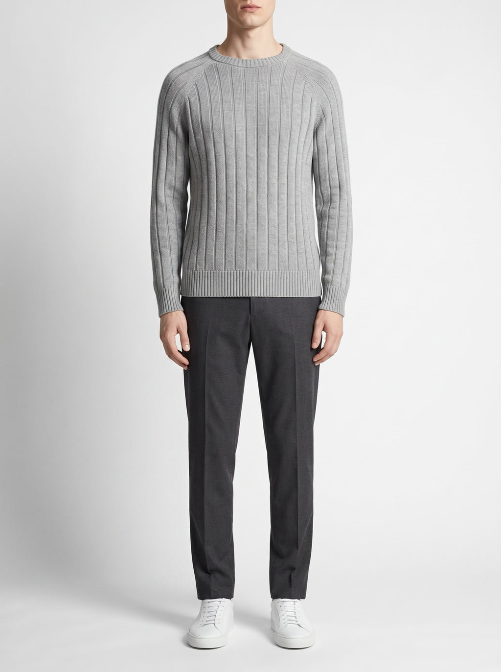 Gray Melange Crewneck Rib-Knit Sweater — front view