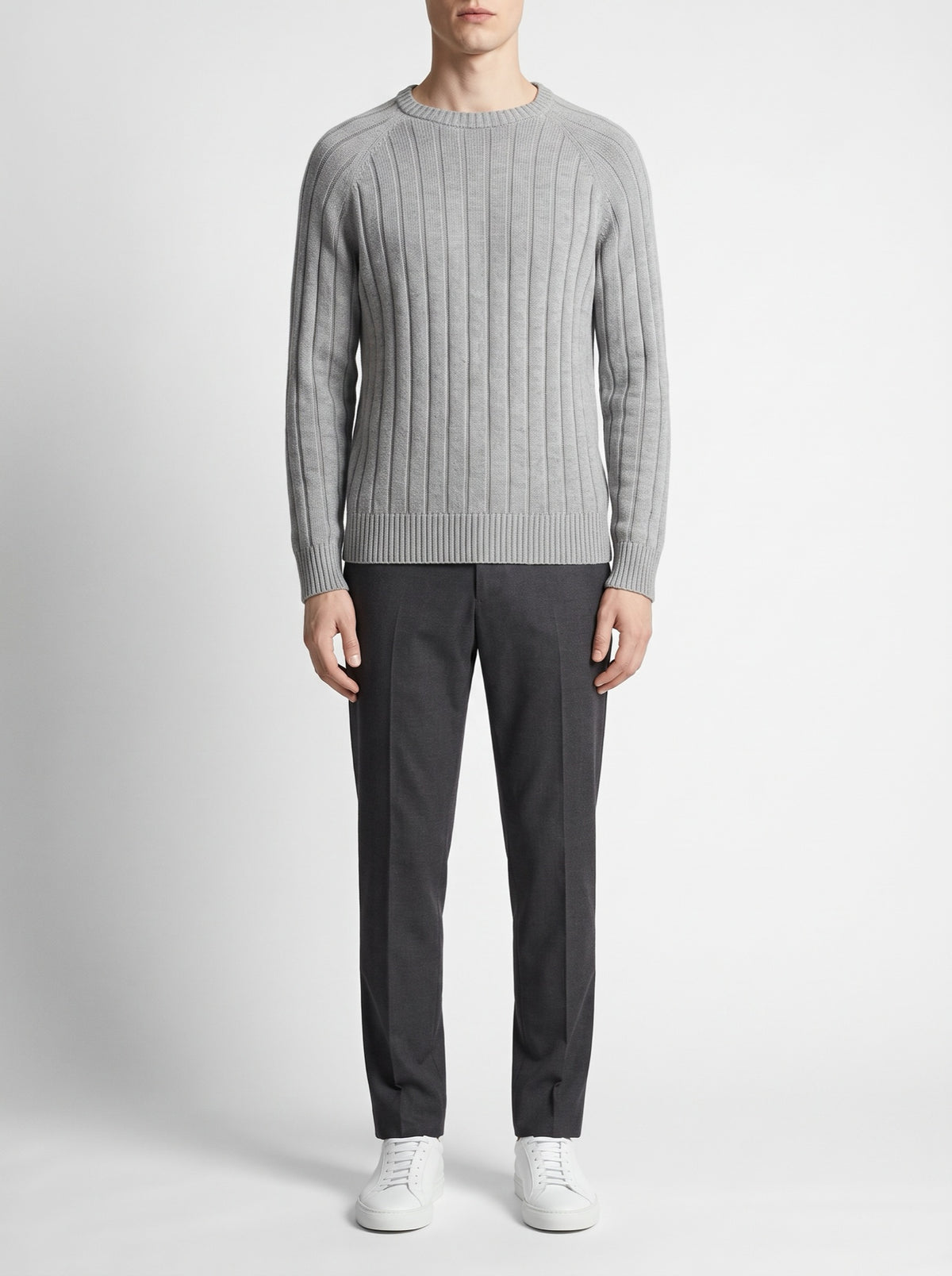Gray Melange Crewneck Rib-Knit Sweater — front view