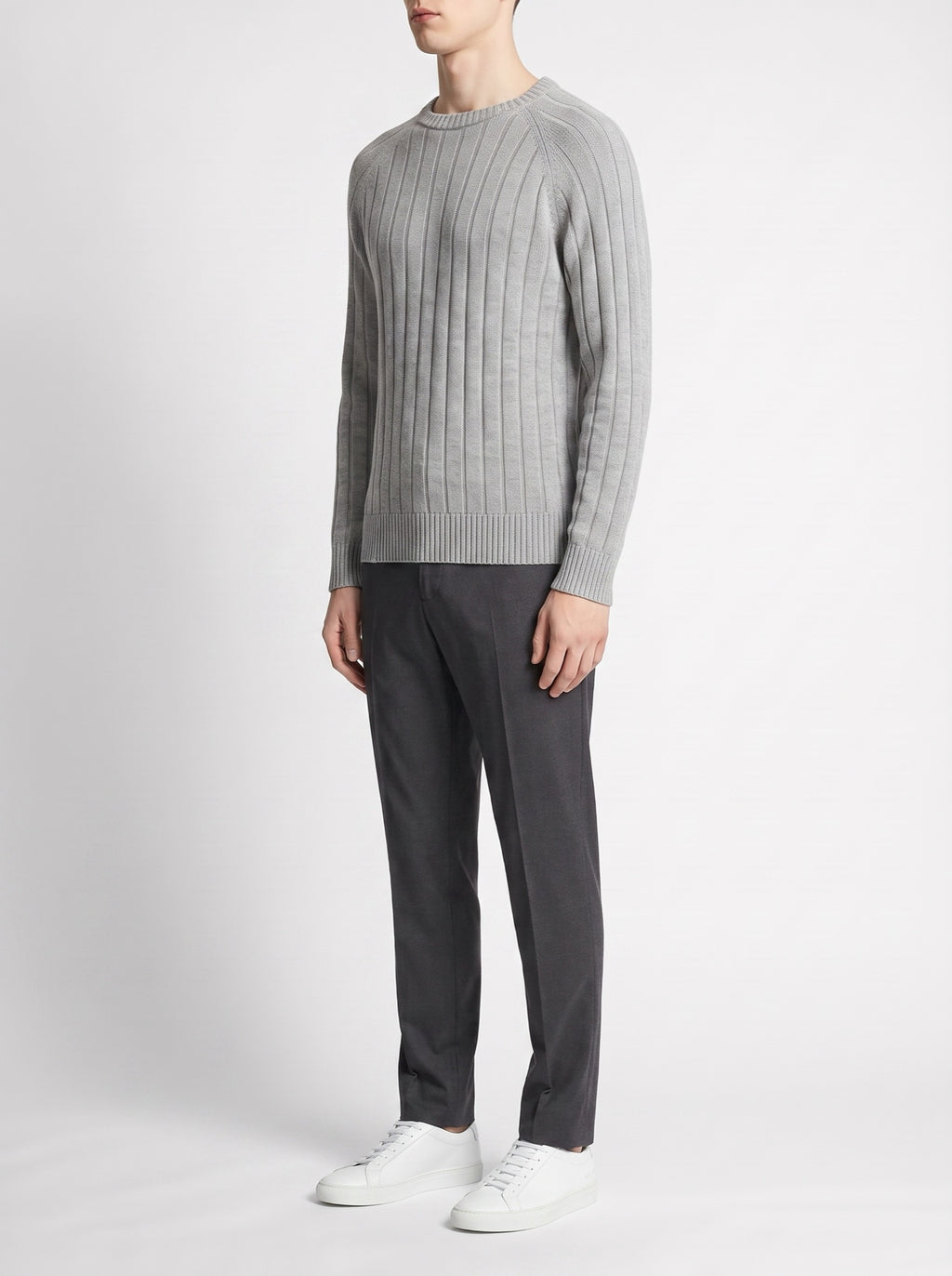 Gray Melange Crewneck Rib-Knit Sweater — three-quarter view
