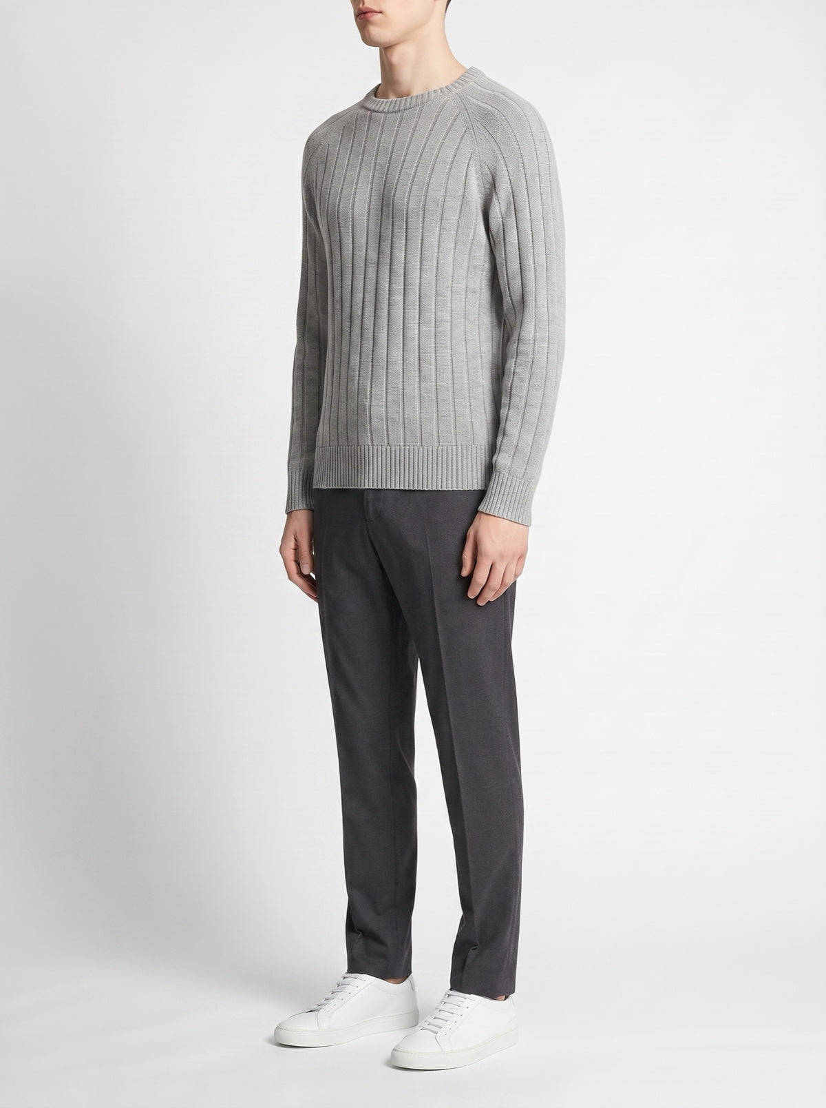 Gray Melange Crewneck Rib-Knit Sweater — three-quarter view