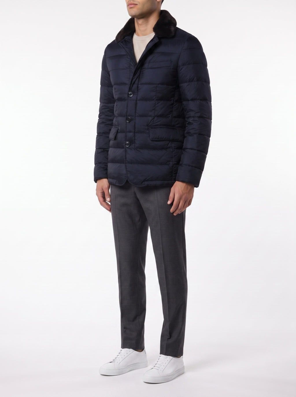 FURNECK DOWN JACKET – NAVY BLUE — three-quarter view
