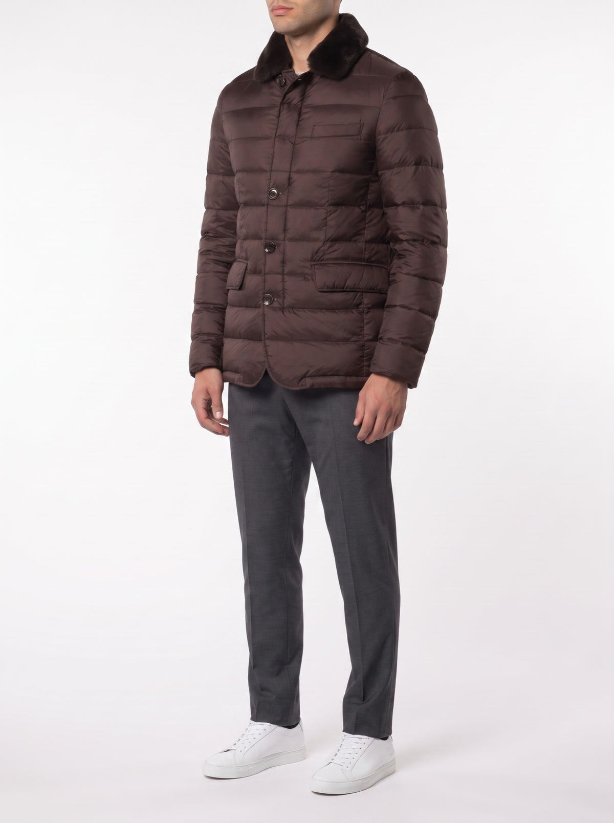 FURNECK DOWN JACKET – BROWN — three-quarter view
