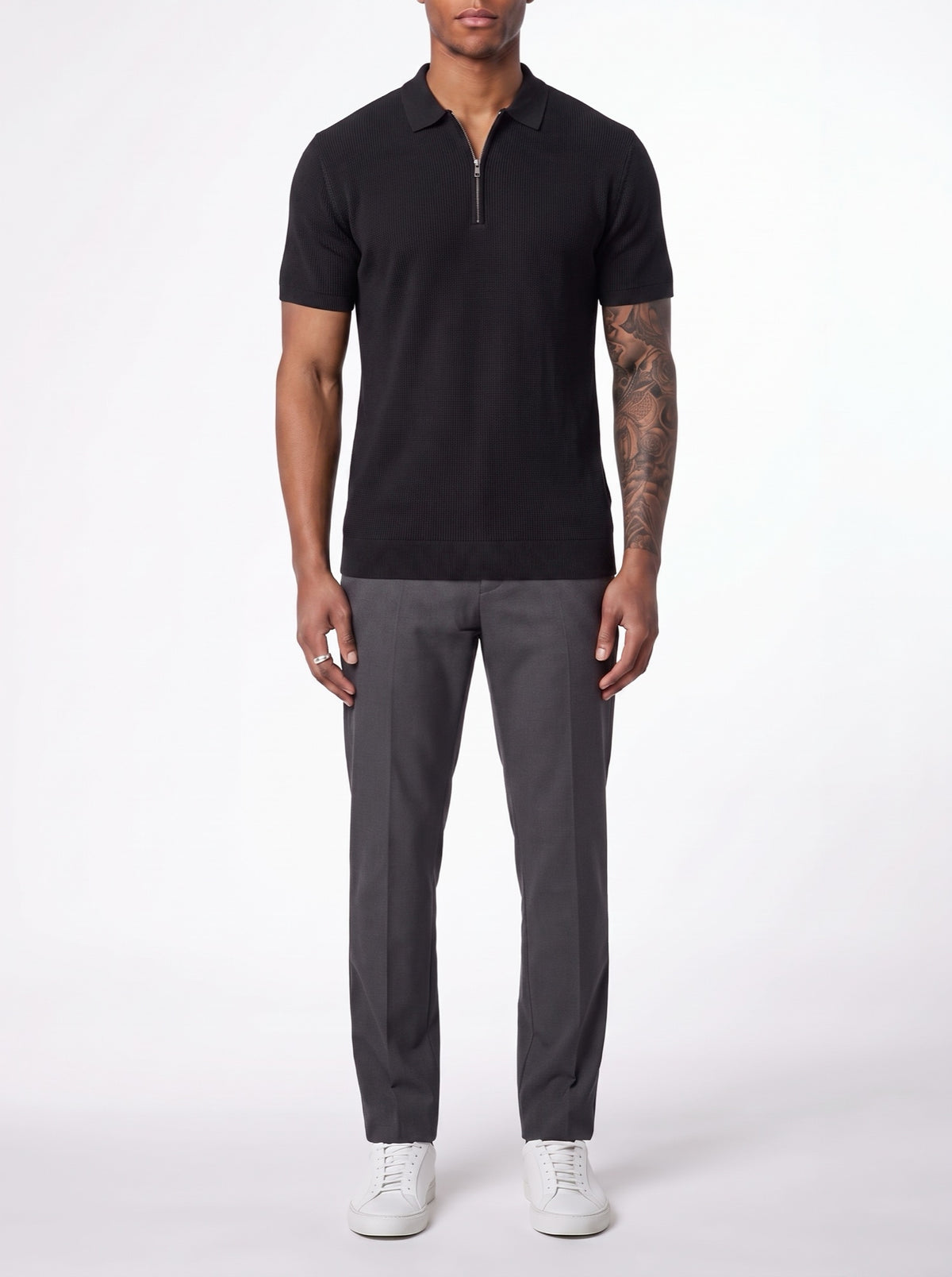 Contour Zip-Up Polo Shirt — Black
