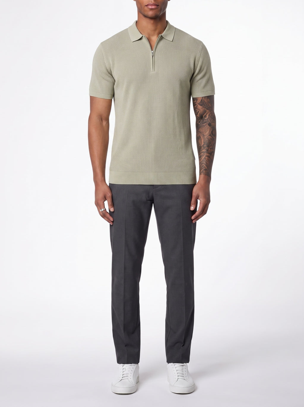 Contour Zip-Up Polo Shirt — Olive — front view